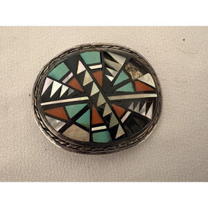 VTG 70's SIGNED Eriacho Lapidarist Silver Inlay BELT BUCKLE Zuni N.M. REPAIR